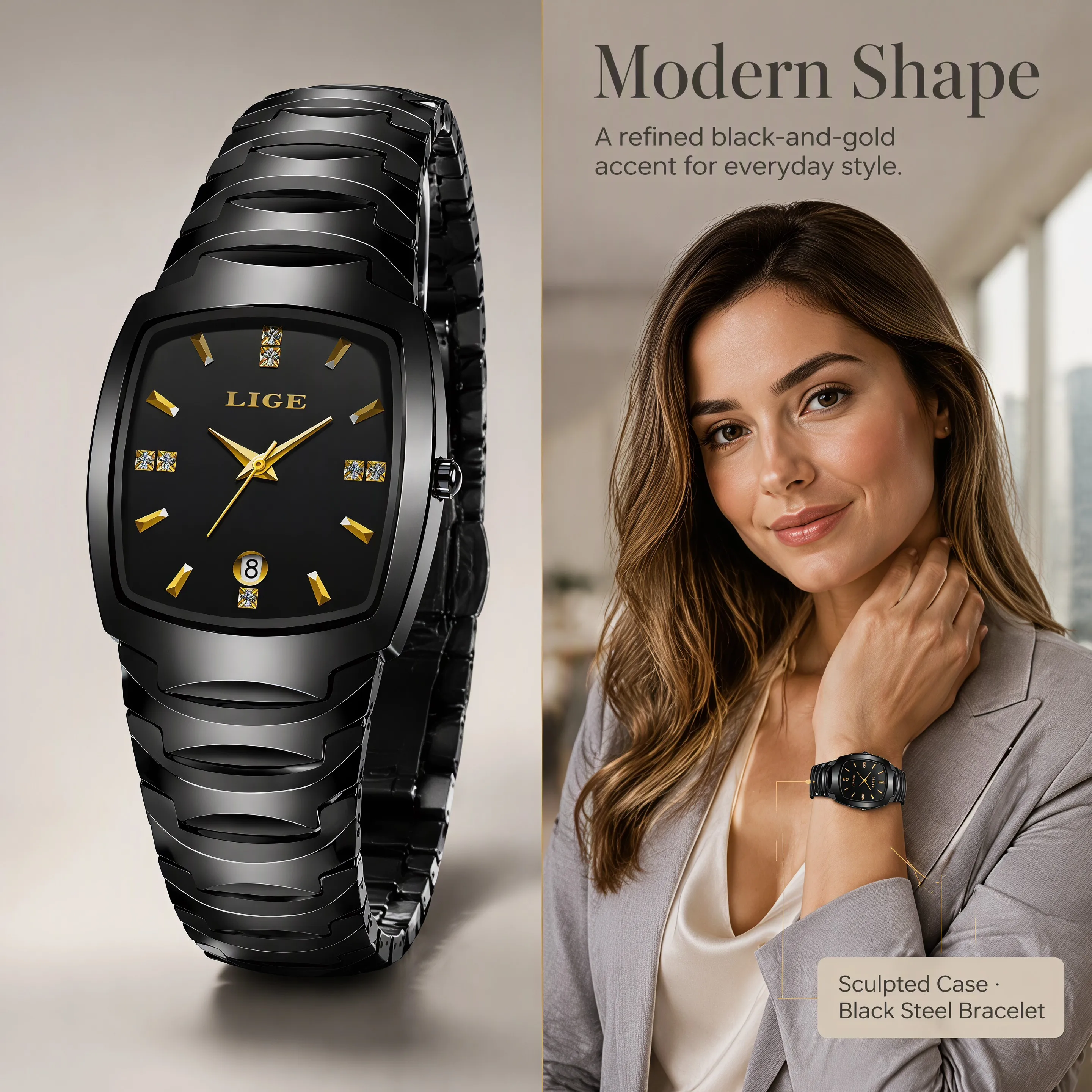 LIGE New Women Watch Light Luxury Business Gold Stainless Steel Ladies Fashion Quartz Watches Ladies Waterproof Luminous