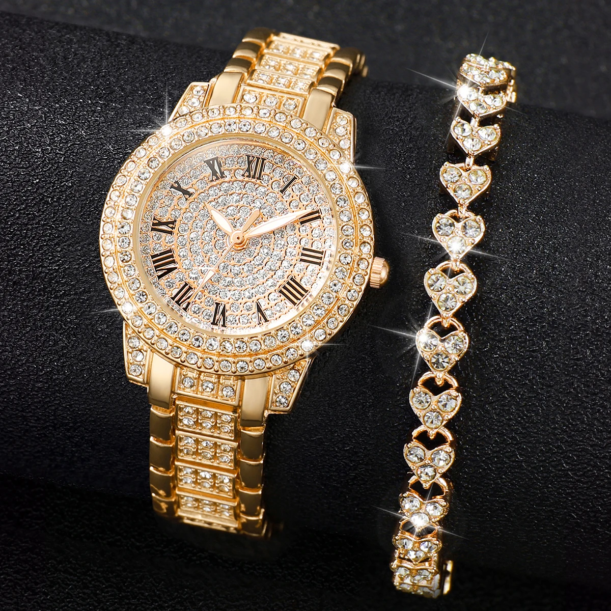 2PCS/Set Women\'s Watch Fashion Full Diamond Roman Dial Steel Band Quartz Watch Rhinestone Heart Bracelet Set（Without Box）