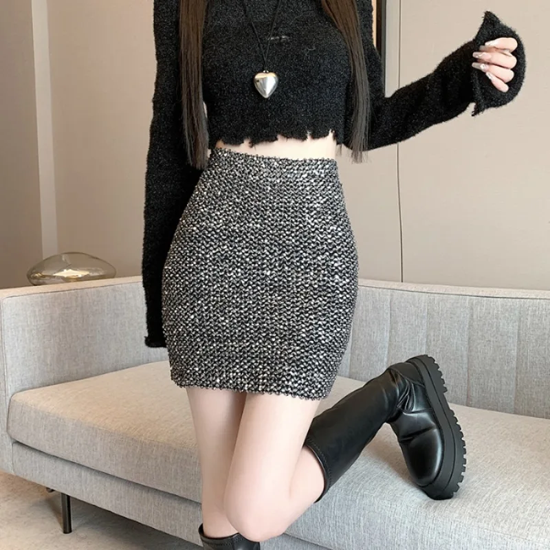 2024 New Style Minimalist Autumn/Winter Women's Solid Color Elastic Sequins Fashion Commuter Bag Hip Slim Fit A-line Half Skirt