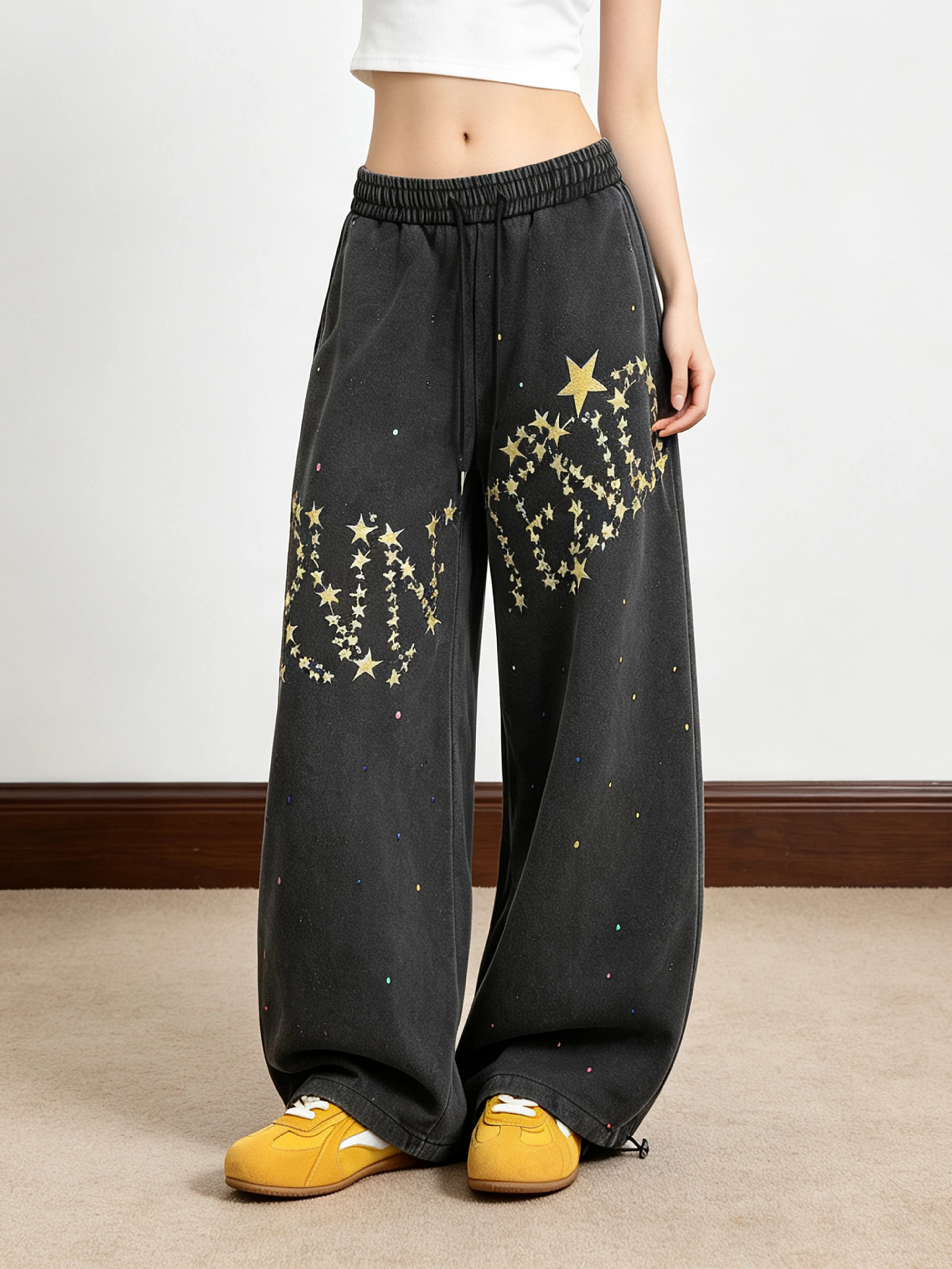 Casual Cotton Sweatpants Women's Loose Straight Leg Pants with Drawstring American Style Patchwork Star And Dot Embroidery