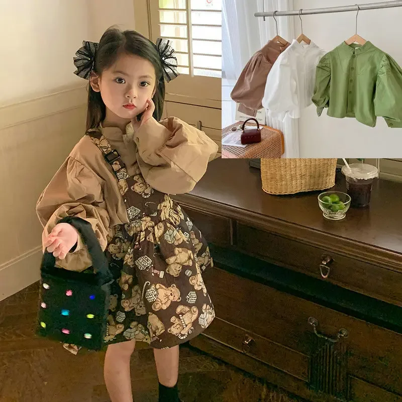 Girls' Suit Stand-up Collar Bubble Sleeve Shirt Plus Bear Vest Skirt 2024 Spring and Autumn New Children's Clothing