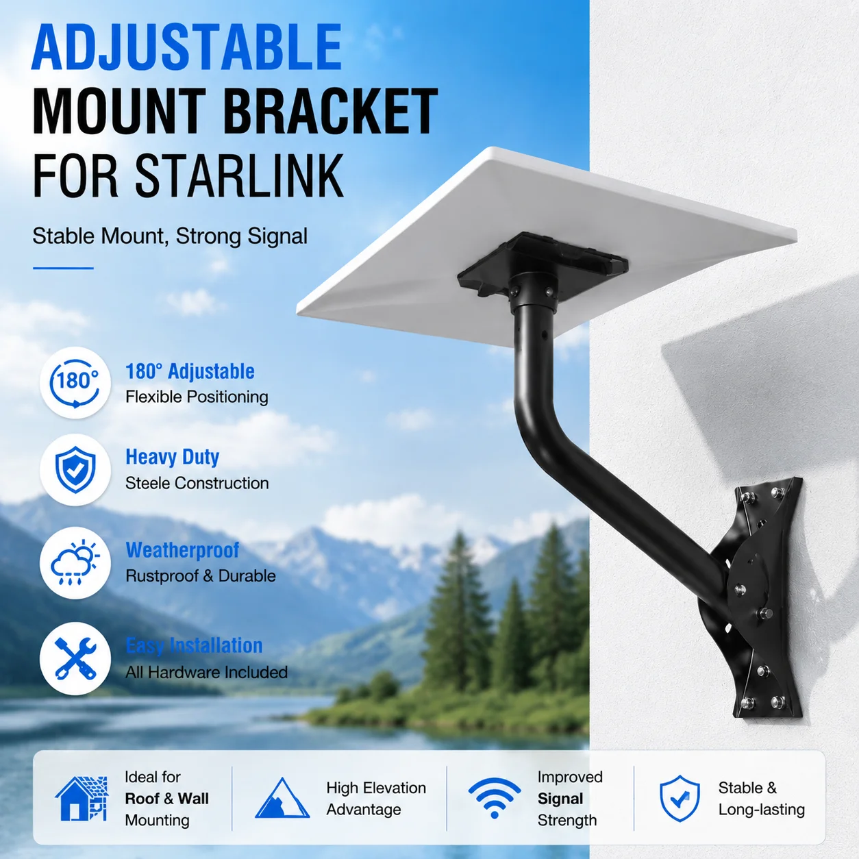 Soporte de Montaje para Pared y Techo Starlink Gen 3, Kit Ajustable, Adaptador de Tubo de Aluminio, Rotación 360° °   V3