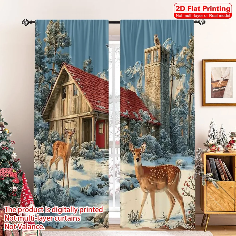 

2pcs 2D flat printing Merry Christmas Popular Curtains Cardinal Deer (1) Durable 100% Polyester Fabric Without Electricity