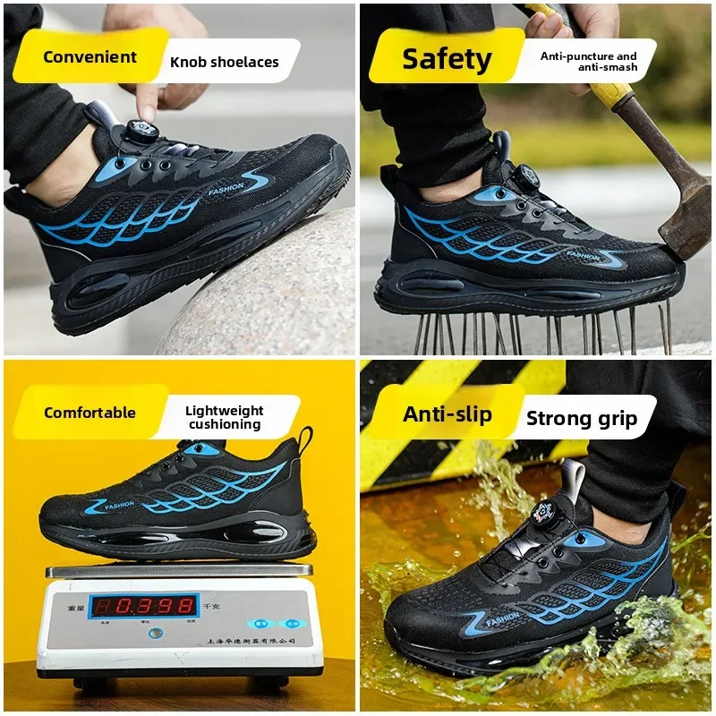 Men Summer Safety Shoes Rotating Button Lacing Anti Smash Puncture Proof Lightweight Breathable Slip Resistant Work Boots
