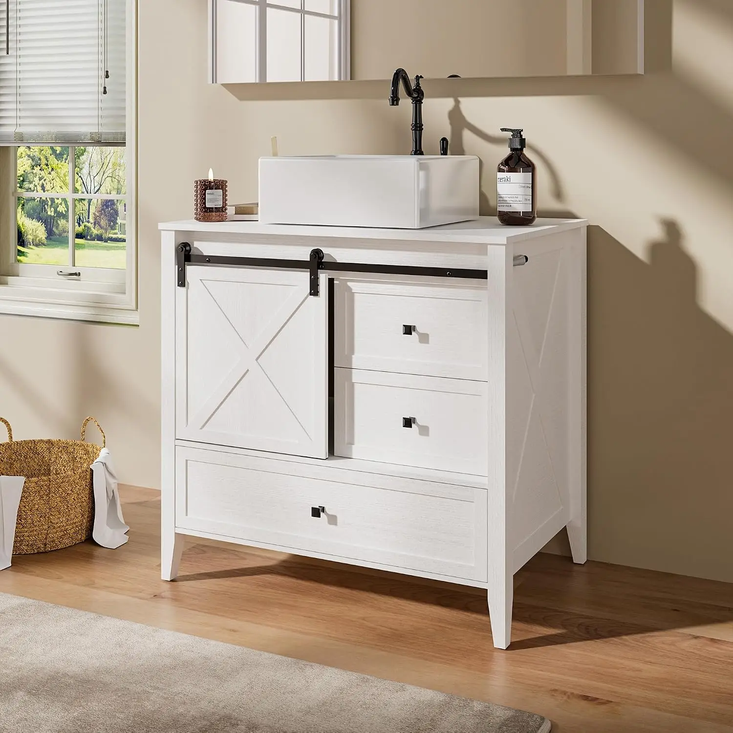 Bathroom Vanity with Sink - 36 Inch Bathroom Vanity with Sink Ceramic, Freestanding Cabinet with Farmhouse Sliding, Customized
