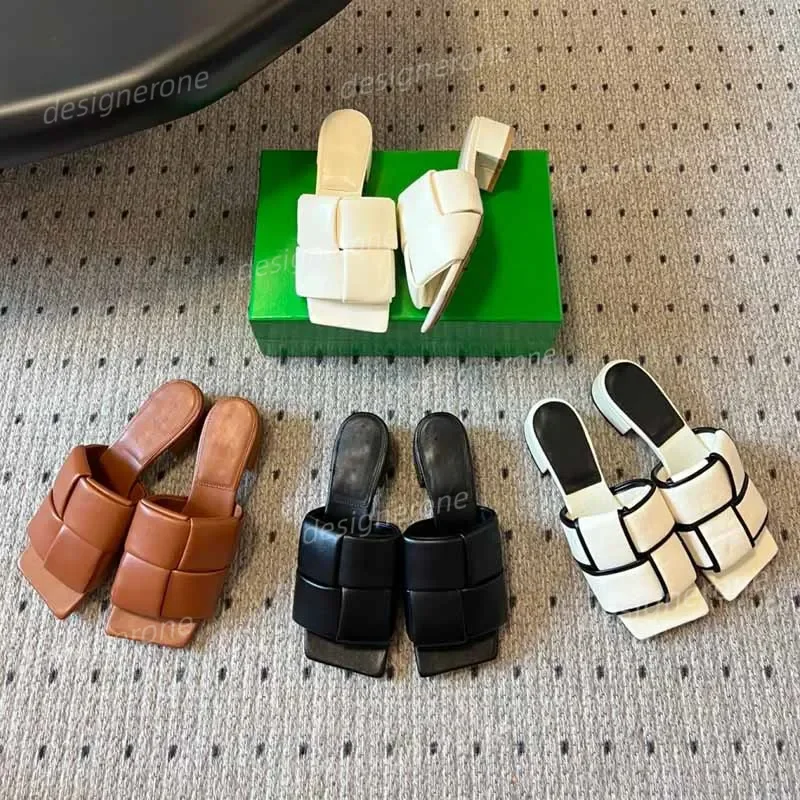 Zapatillas de tacón alto de moda para mujer, sandalias planas de napa, mules tejidos, chanclas y zapatos de tacón fino para boda