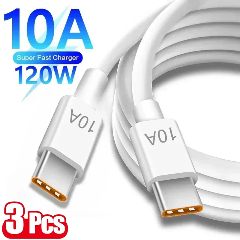 10A 3Pcs 120W USB C Fast Charging Cable Type C to Type C Quick Charge Charger For iPhone 15 16 Samsung Xiaomi Data Wire Cord