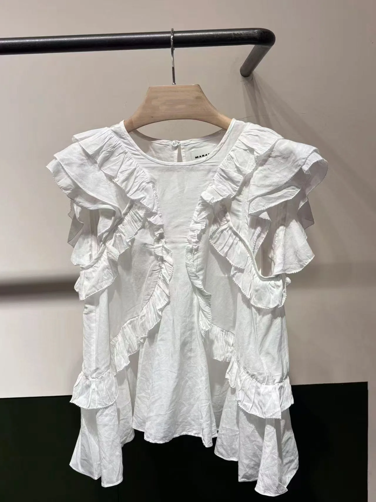 

Withered Sweet Ruffle Edge Patchwork Vest Slim Fit Round Neck Small Fly Sleeves Short Casual Top Blouses Women's Clothes