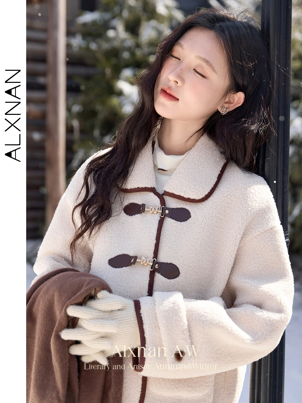 ALXNAN Women Lamb Wool Jackets Winter Warm Lapel Collar Metal Butterfly Button Coats 2024 Long Sleeve Thickness Outerwear L52386