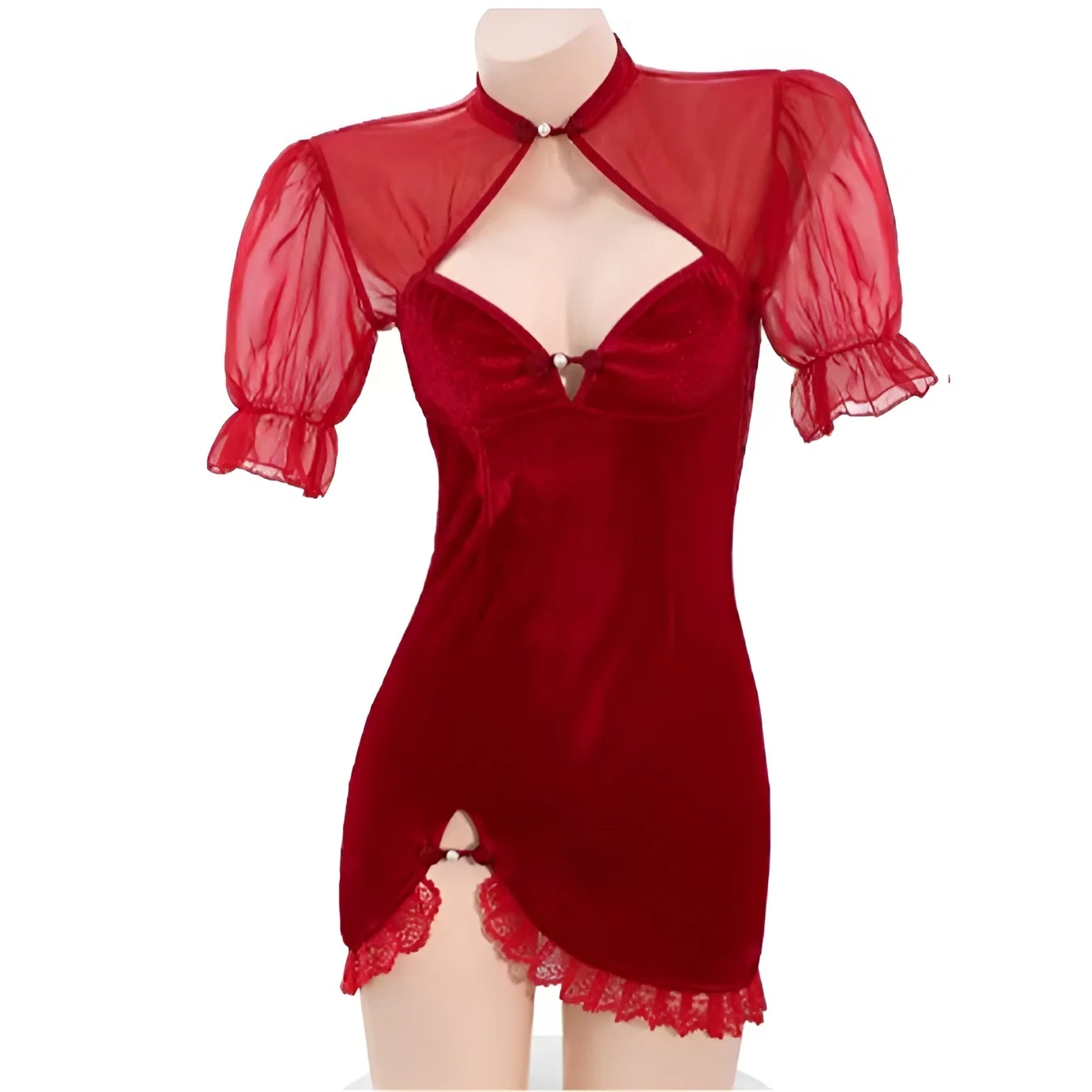 

369bibi Women's Seductive Cheongsam Lingerie - Velvet-Lace Mix with Sheer Butt, Role-Play Temptation