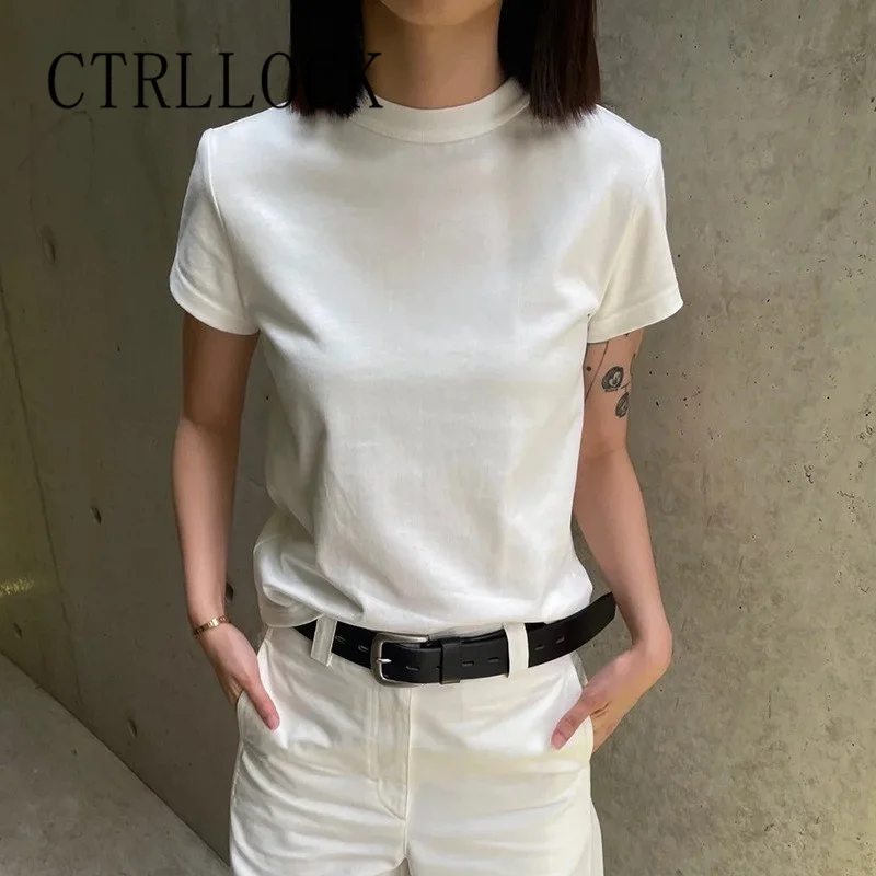 

CTRLLOCK Casual Solid Color O-neck Cotton Straight Shoulder Short Sleeve T-shirt Women Basic Tee Summer
