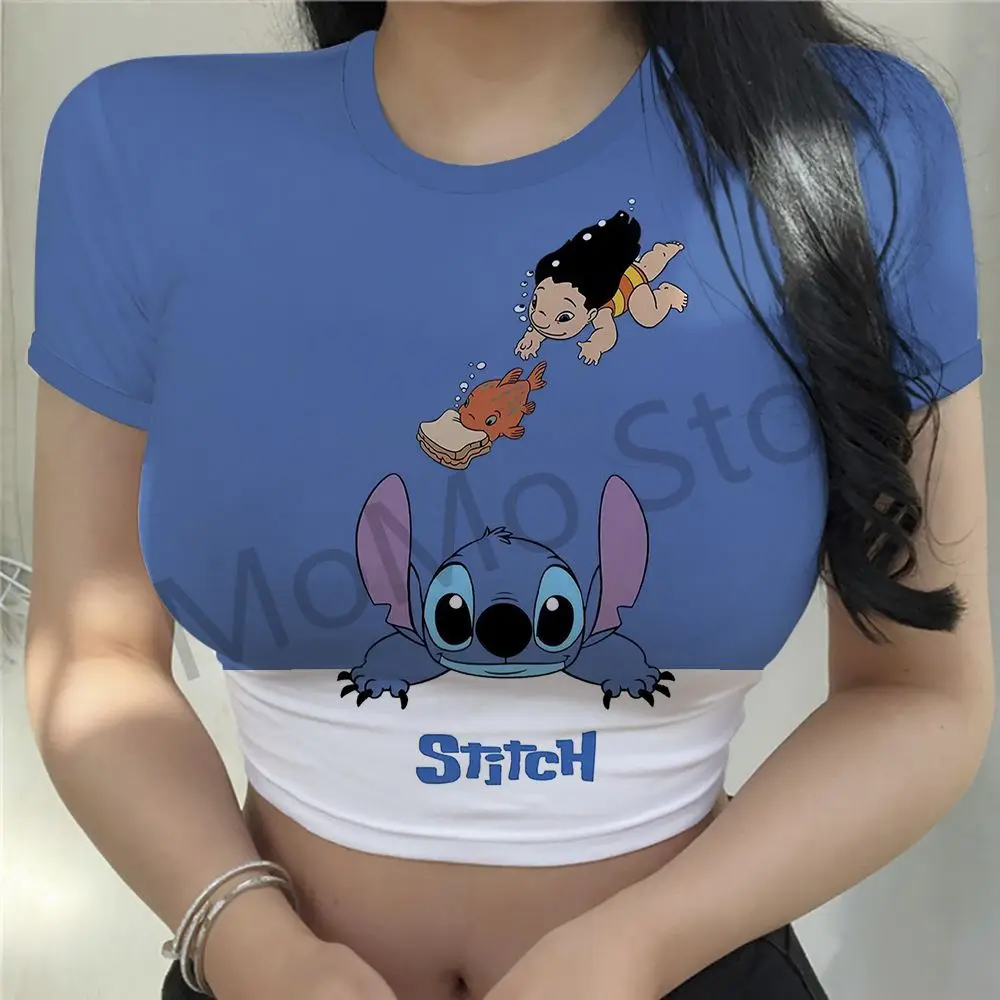 Kawaii Disney Stitch Women\'s Crop Top T-Shirt XS-3XL Party Anime Cheap Clothes 3D Short Sleeve Y2k Lovely Sale Summer O Neck