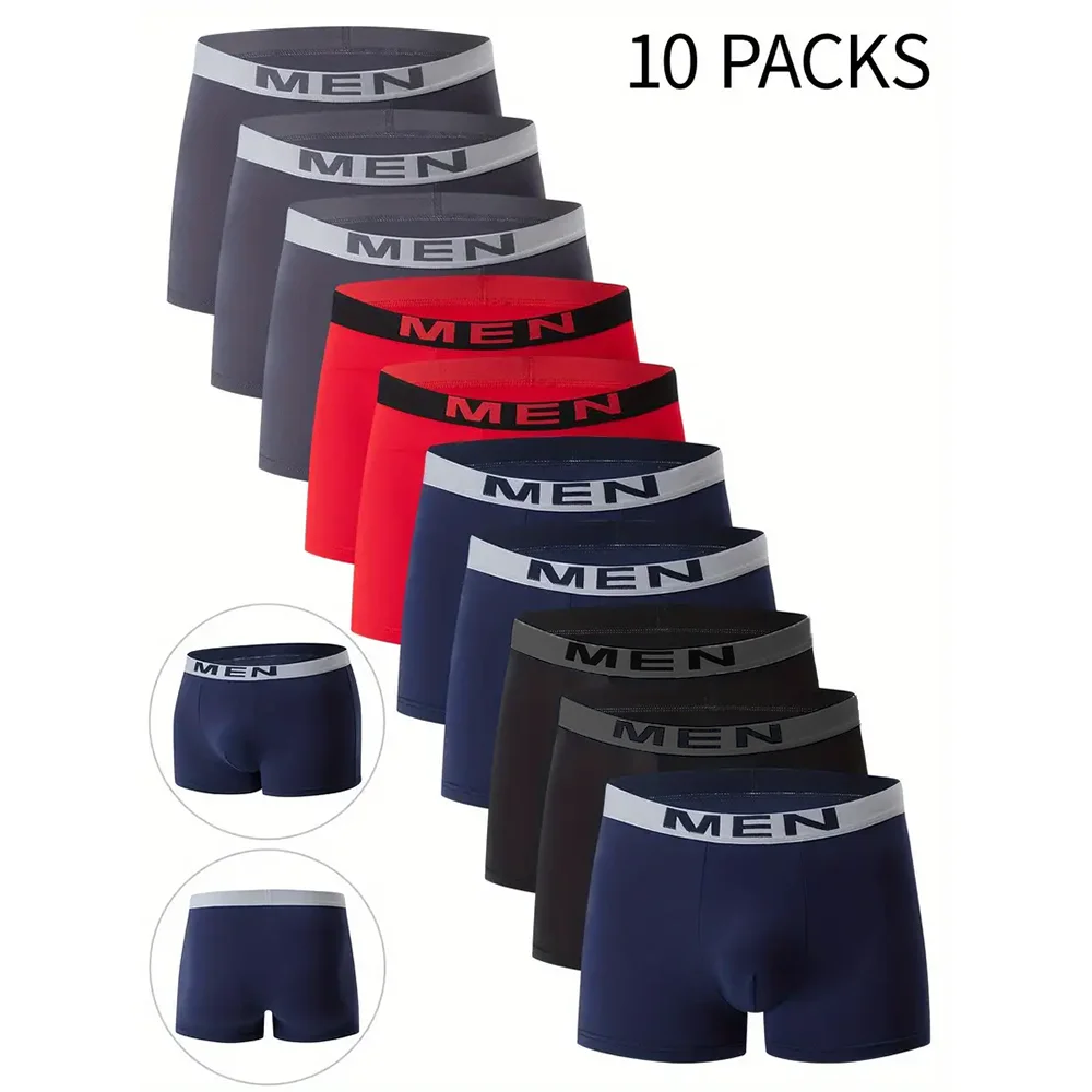 

10 Piece Set Of Men's Sexy Solid Color Boxer Shorts, Comfortable And Breathable Sports Men's Underwear, Casual Underwear