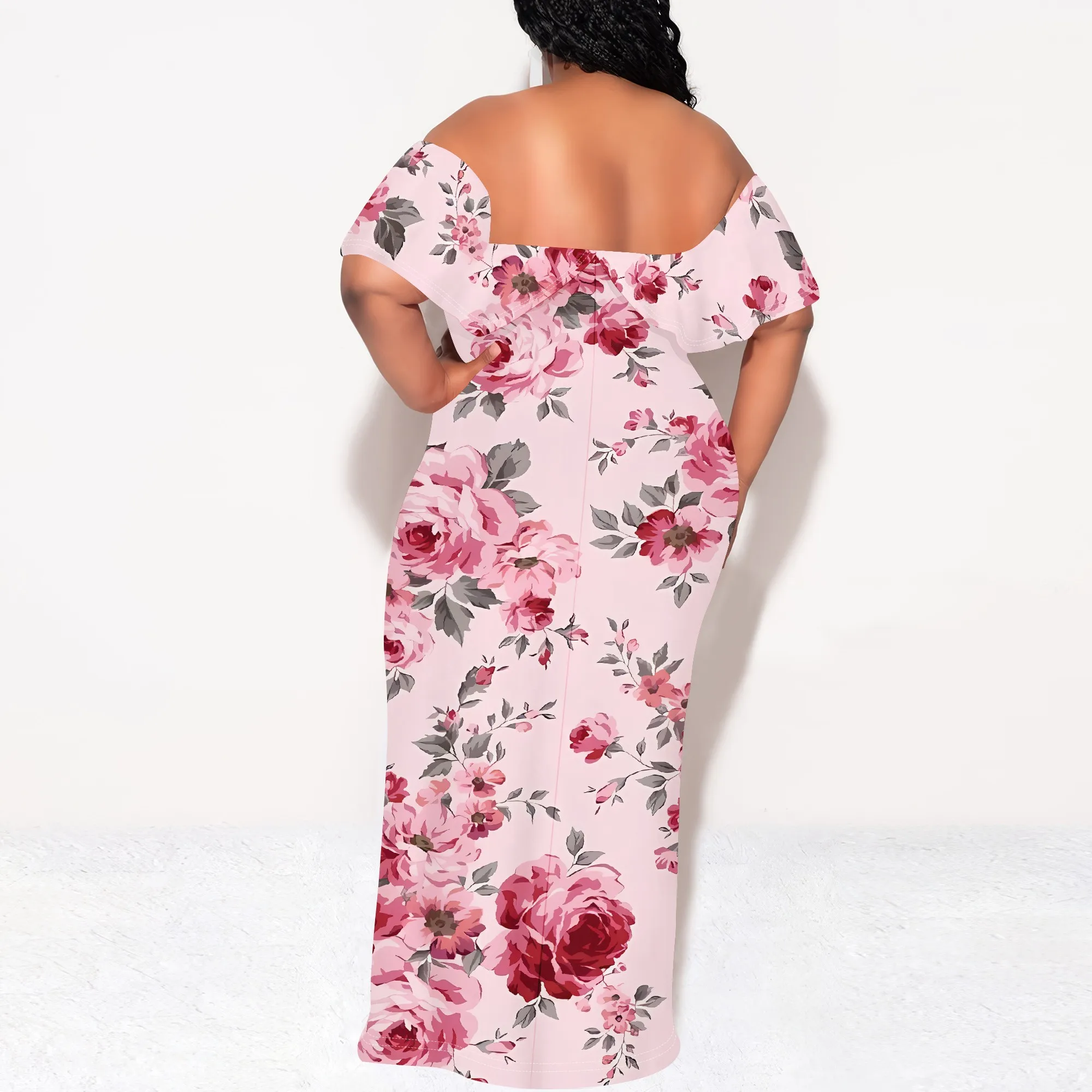 ชุดเดรสพิมพ์ลายดอกไม้นูปูซาสำหรับผู้หญิงขนาดบวกฤดูร้อนลำลองปิดไหล่ชุดแม็กซี่เดรสเข้ารูป