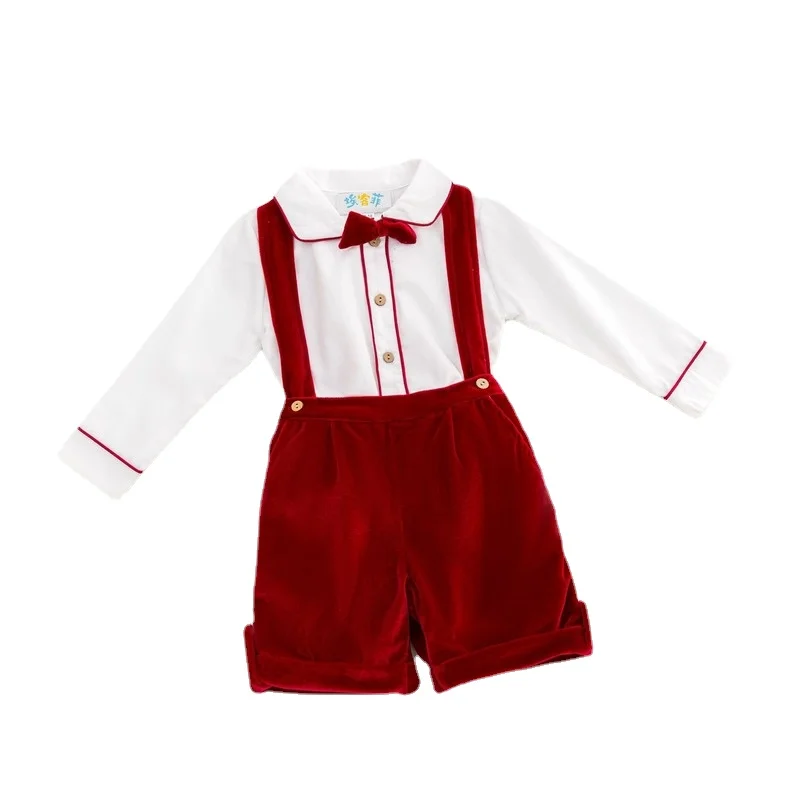 2022new Baby Boys\' Suit Pure Cotton Shirt Velvet Shorts Toddler Boy Clothes Brother Sister Baptism Christmas Clothes 3pcs