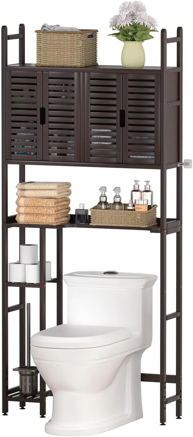 

Over The Toilet Storage Cabinet with Paper Holder Stand,Bamboo Bathroom Organizer Shelf with Four Door and Waterproof Fe