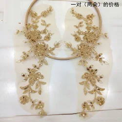 スパンコールの刺繍が施されたレースのドレス,軽くて豪華なドレス,装飾的なアップリケアクセサリー,花のペア,1ペア