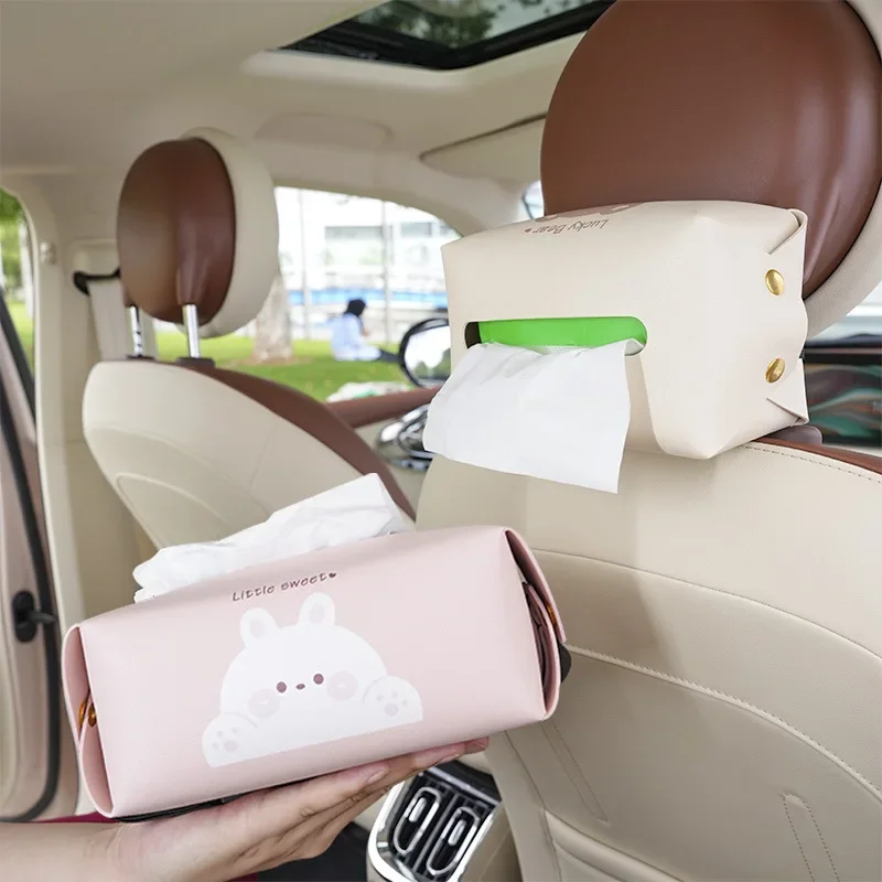 

Car tissue box cute cartoon fat bear rabbit leather printed car hanging paper box Creative multi-functional tissue bag universal