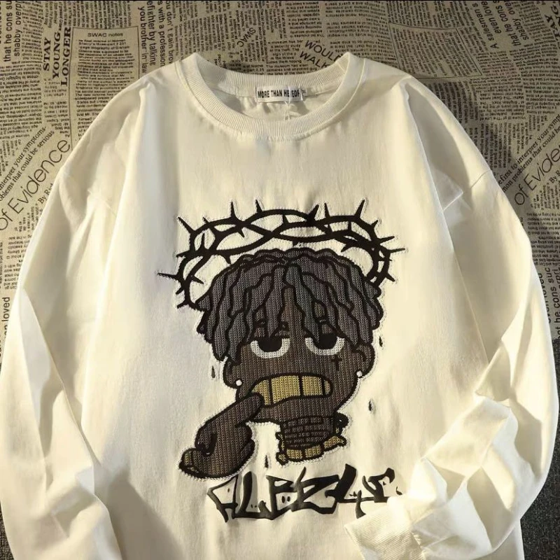 

American Style Vintage Sping Autumn T-Shirts Men Pure Cotton O-Neck Cartoon Trend Fashion Street Hip Hop Long Sleeve Loose Tops