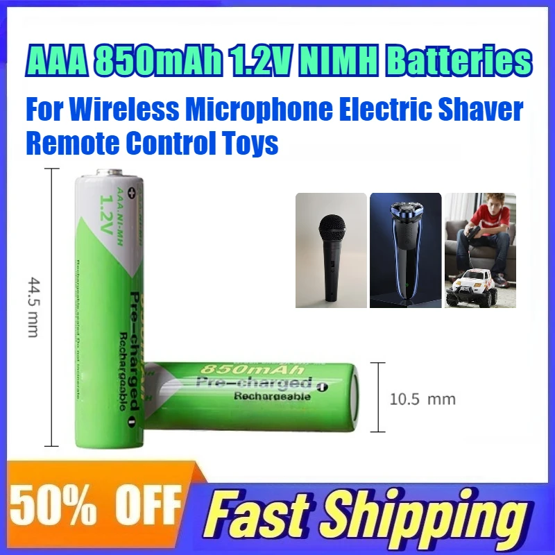50PC AAA 850mAh 1.2V NIMH Batteries Rechargeable Batterie for Wireless Microphone Electric Shaver Remote Control Toys