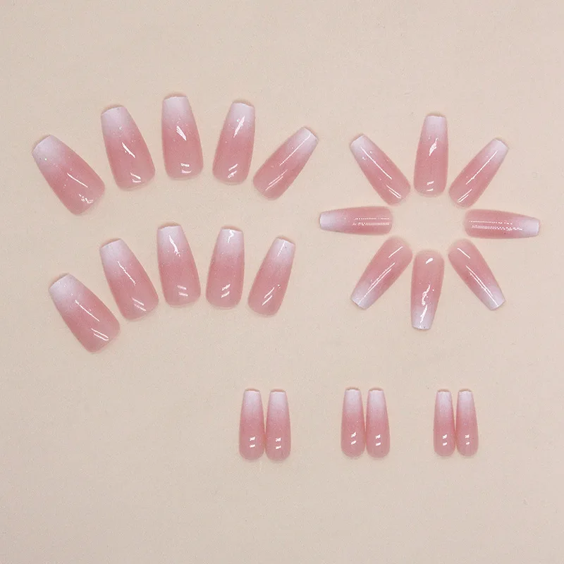 24pcs Wearable Long Square French Fake Nail Gradient Powder False Nails Suit Press On Nail Full Cover Sweet Nail Set With Glue