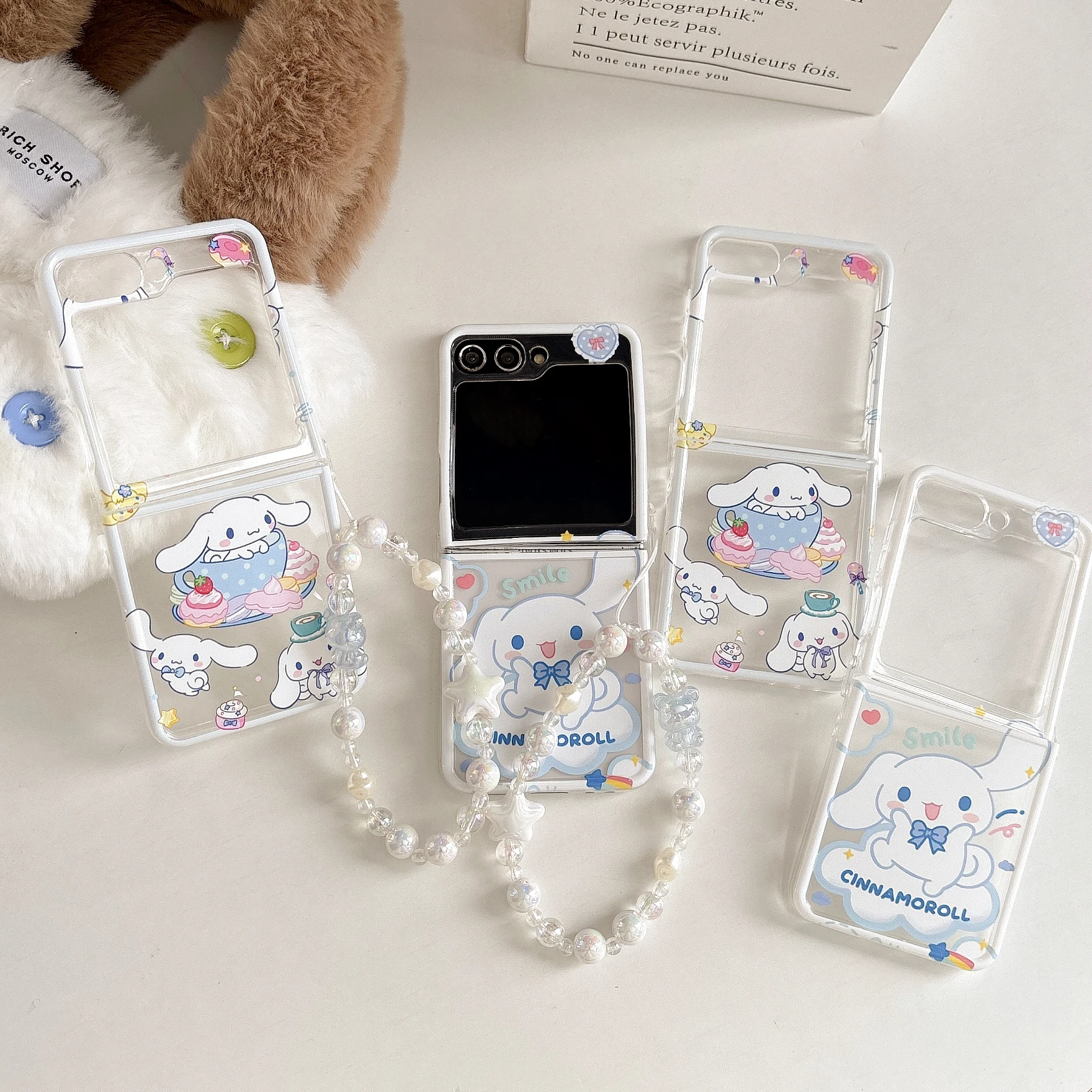 Sanrio Cute Teacup Cinnamon With Lanyard phone Case for Samsung Galaxy ZFlip 3/4 Z Flip 5/6 Anti-drop Lucency Protect Rear Cover