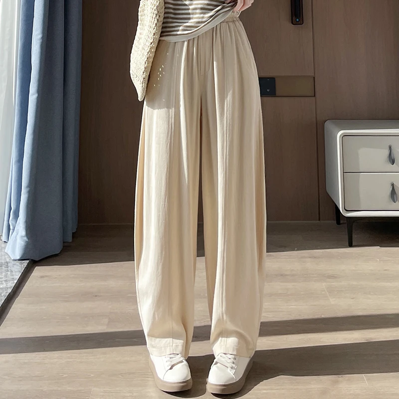 

2366 Apricot Ice Silk Cotton and Hemp Milk Pants for Women in Summer, Loose and Slim, Casual Wide Leg Bending Knife Pants