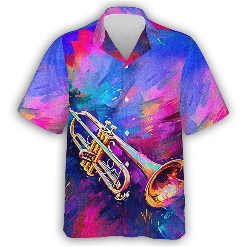 Guitar Trumpet Graphics Hawaiian Shirts For Men 3D Printed Musical Instrument Unisex Short Sleeve Button Blouse Lapel Shirt Tops