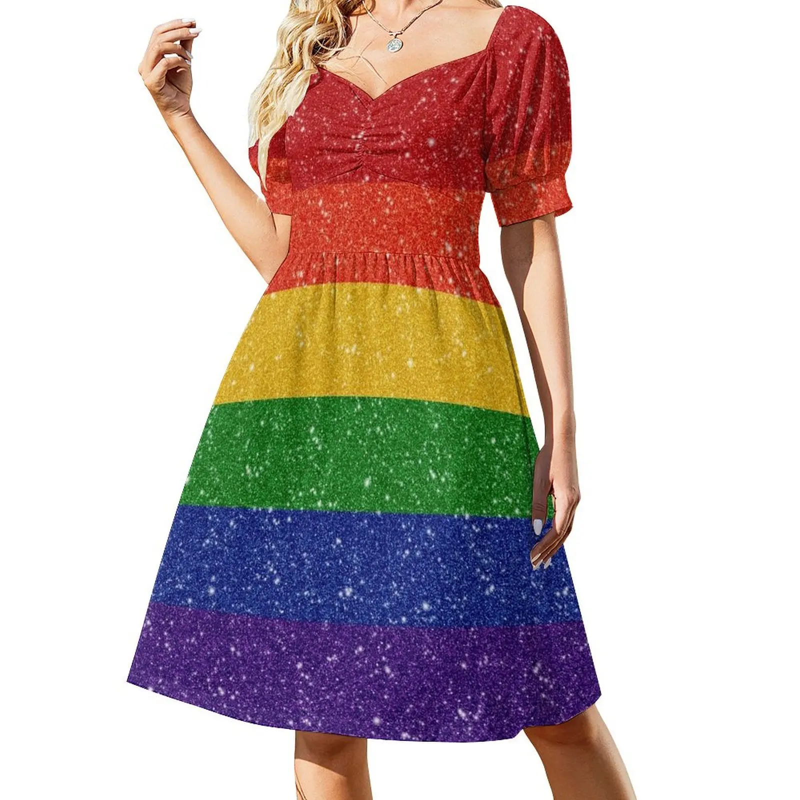 Faux Glitter LGBTQ Pride Rainbow Flag Background Short Sleeved Dress prom dress 2025 Evening dresses Dress