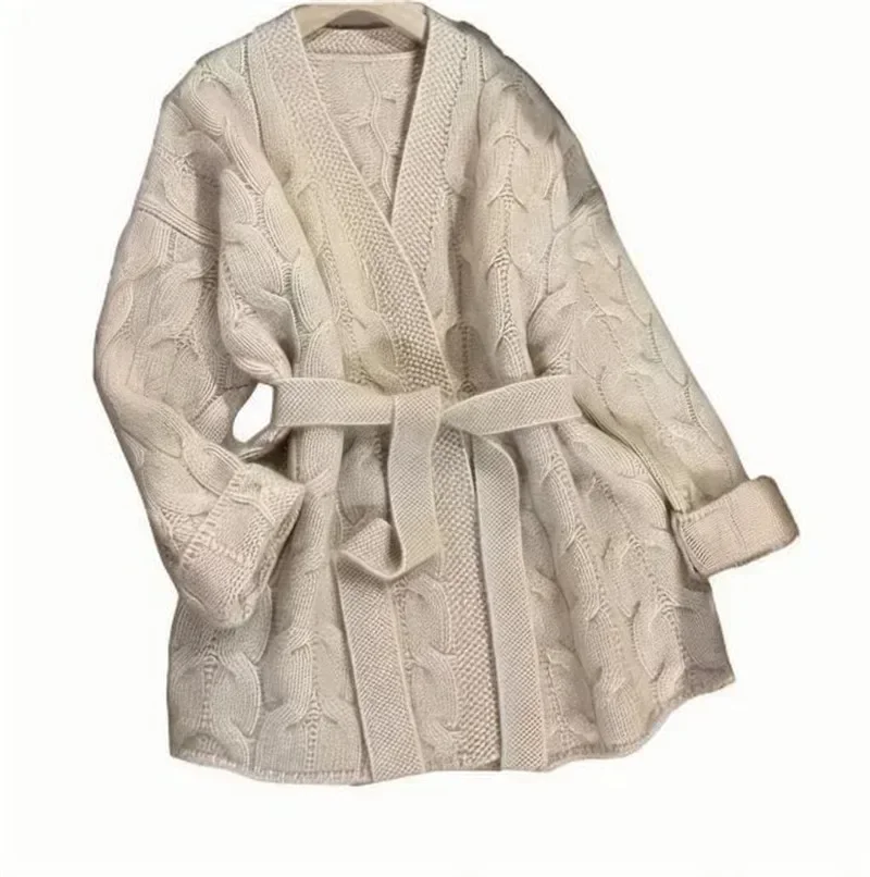 Loose Beige Striped Sweater Women Autumn New  Lazy V-neck Lace-up Wool Knitted Cardigan Jacket Korean Mid Long Knitwear