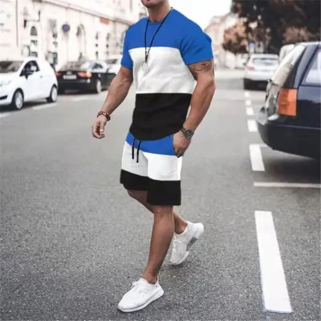 3D casual men's T-shirt set, sportswear men's plus size casual versatile set, men's T-shirt set, summer beach shorts