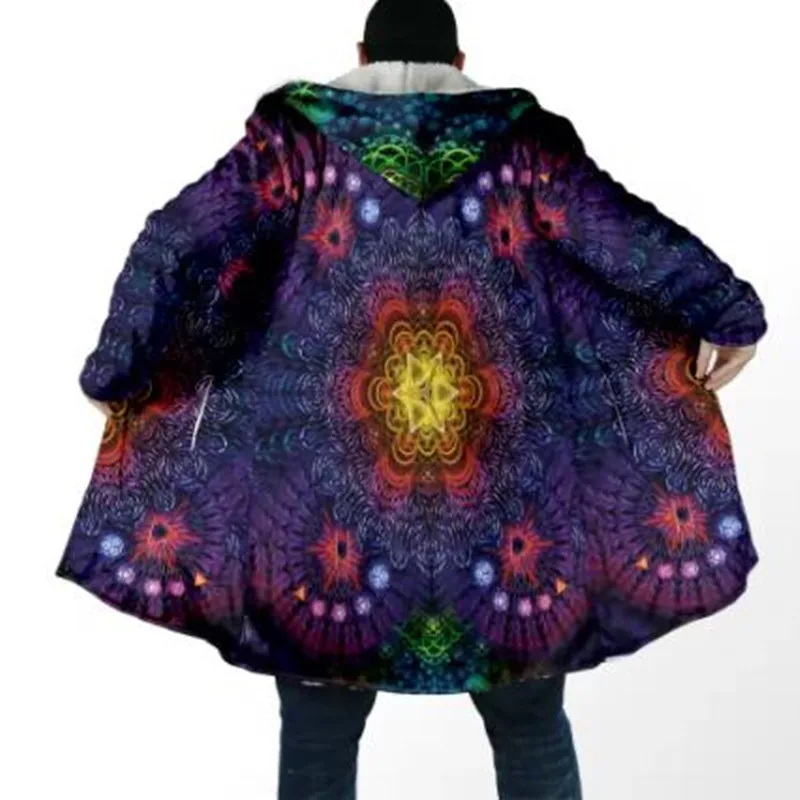 

Winter fashion men's hooded cape hippie psychedelic color triple 3D printed wool cape neutral street casual thick warm capeQ0320