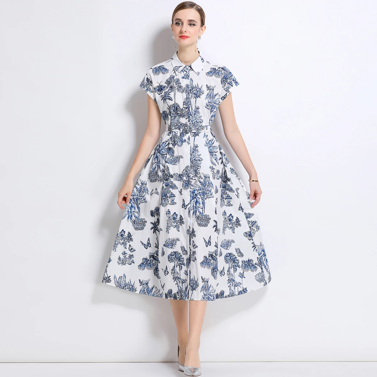 Robe mi-longue imprimée Vintage pour femmes, élégante, revers, manches courtes, ceinture, chemise de vacances, vêtements de Festival décontractés