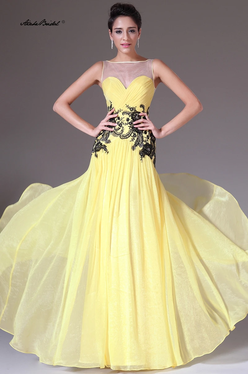 

Элегантное трапециевидное платье для выпускного вечера контрастного цвета, длинное вечернее платье с прозрачной спиной, желтое шифоновое черное кружевное вечернее платье