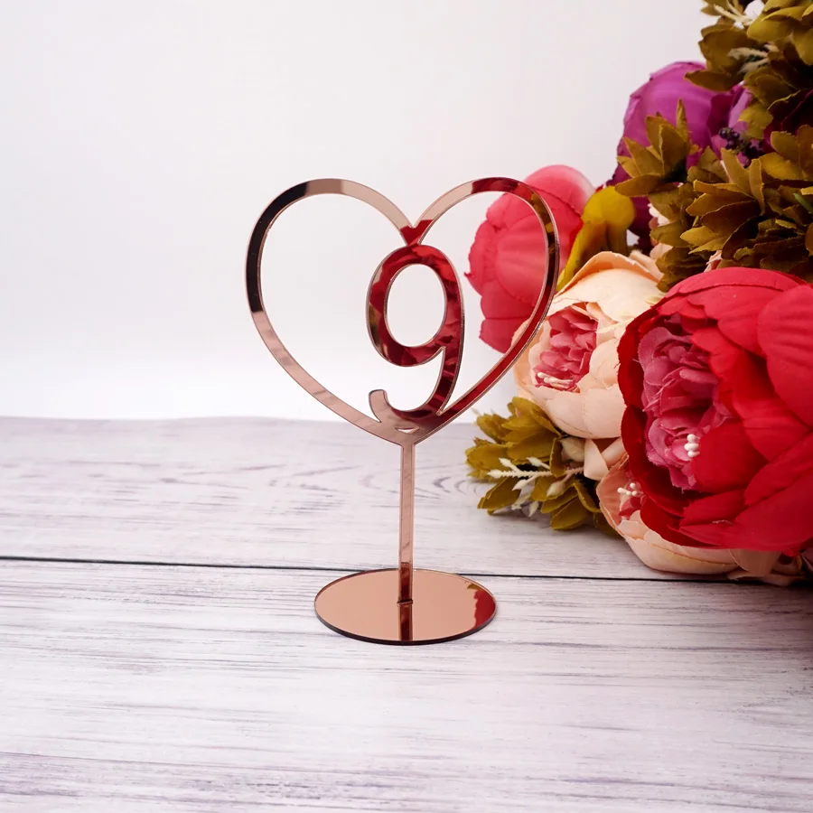 Heart Shape 15cm Height  Acrylic Mirror Table Numbers With Holder Base For Hotel Wedding Party Decoration Event Supplies