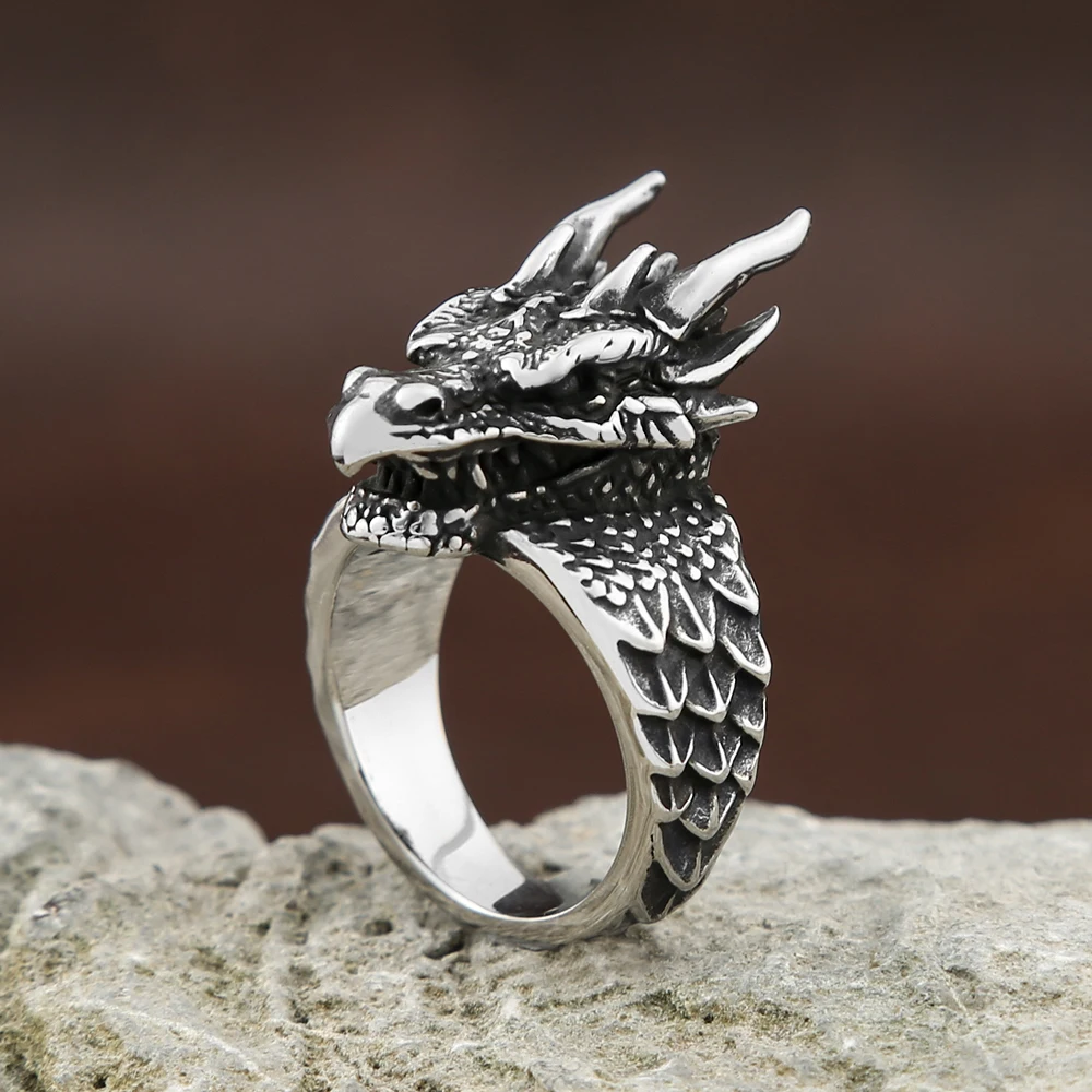 Vintage Punk 316L Stainless Steel Dragon Rings For Men Nordic Vikings Animal Finger Ring Party Jewelry Halloween Gifts Wholesale