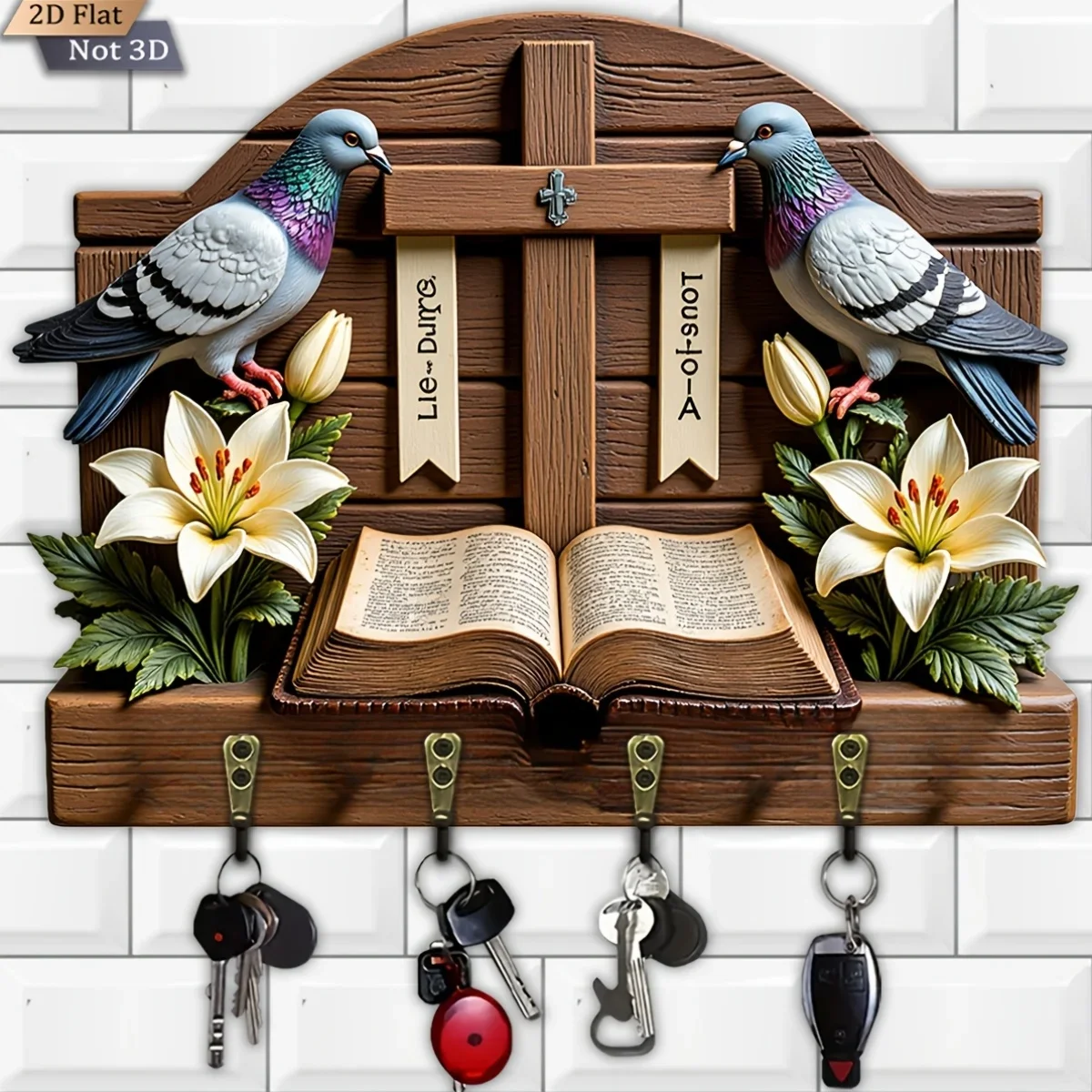 2D Flat, 1pc, Cross And Dove Bible Theme Style Key Hook, Wooden Multifunctional Home Key Holder with Four Metal Hooks, Wall