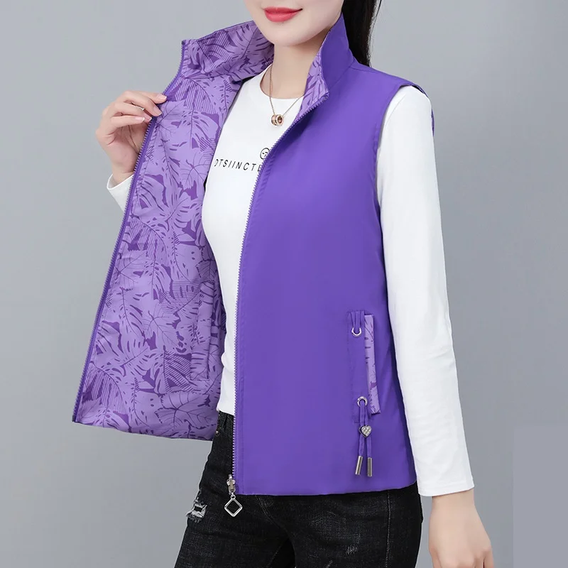 

Spring Autumn Women Double-sided Vest Fashion Stand Collar Sleeveless Jacket Coat Female Waistcoat Casual Tops Chaleco Mujer