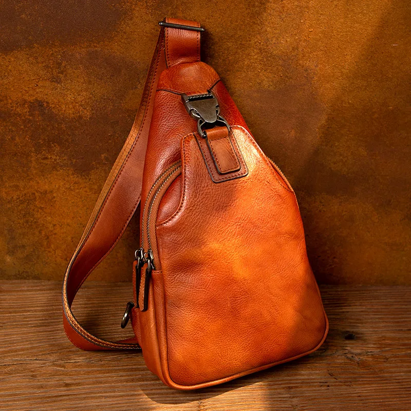 Vegetable tanned leather chest bag tide brand men's crossbody bag hand-painted leather shoulder leisure chest bag tide