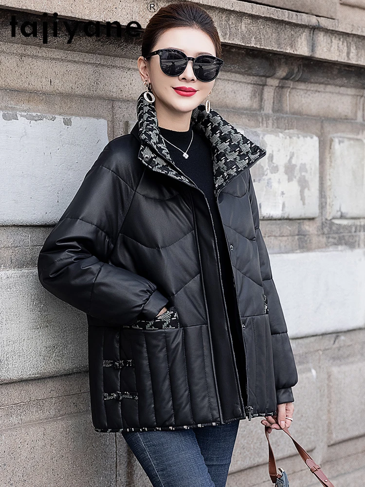 เสื้อแจ็คเก็ตหนังแกะแท้ TAJIYANE สำหรับผู้หญิง เสื้อโค้ทขนเป็ดขาวคุณภาพพรีเมียม เสื้อแจ็คเก็ตพัฟเฟอร์สั้น ฤดูหนาว 2025 เสื้อผ้าผู้หญิง