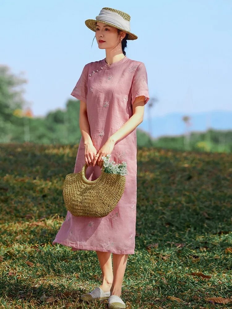 

High-End Silk Chinese Style Embroidered Dress Women's Summer New Loose Retro Temperament Slit Improved