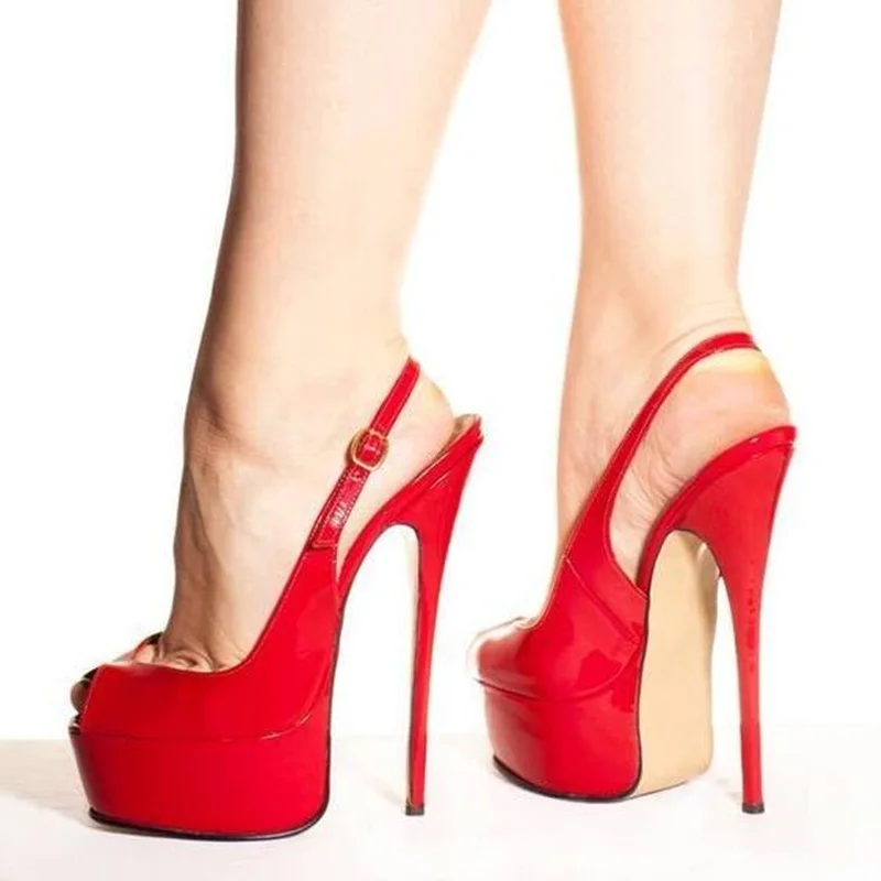 14cm Peep Toe Slingback Shoes Red Black Patent Leather High Platform Stiletto High Heels Pumps Plus Size 45