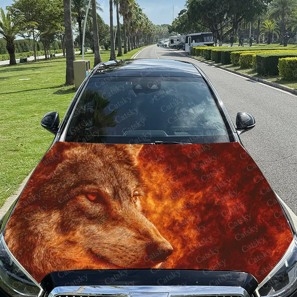 

Car Decal Wolf with Fiery Red-Orange Artistic Fusion Design, Embodying a Bold and Dynamic Atmosphere Car Hood Sticker, Waterproo