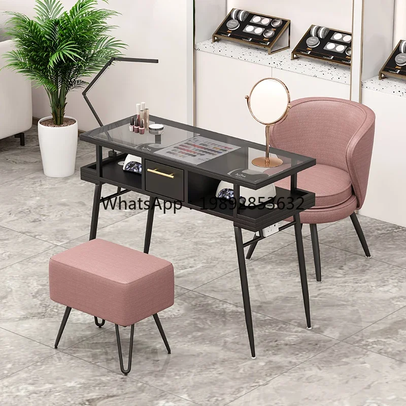 DF Nail Table Embedded Vacuum Cleaner Manicure Table Chair Set Light Luxury Simple Glass Nail Salon Special