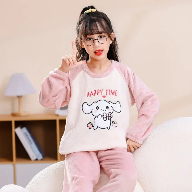 Sanrio Kuromi Cinnamoroll Winter Dikker Kinderen Pyjama Set Flanel Lange Mouw Broek Plus Jongens en Meisjes Thuis Pyjama