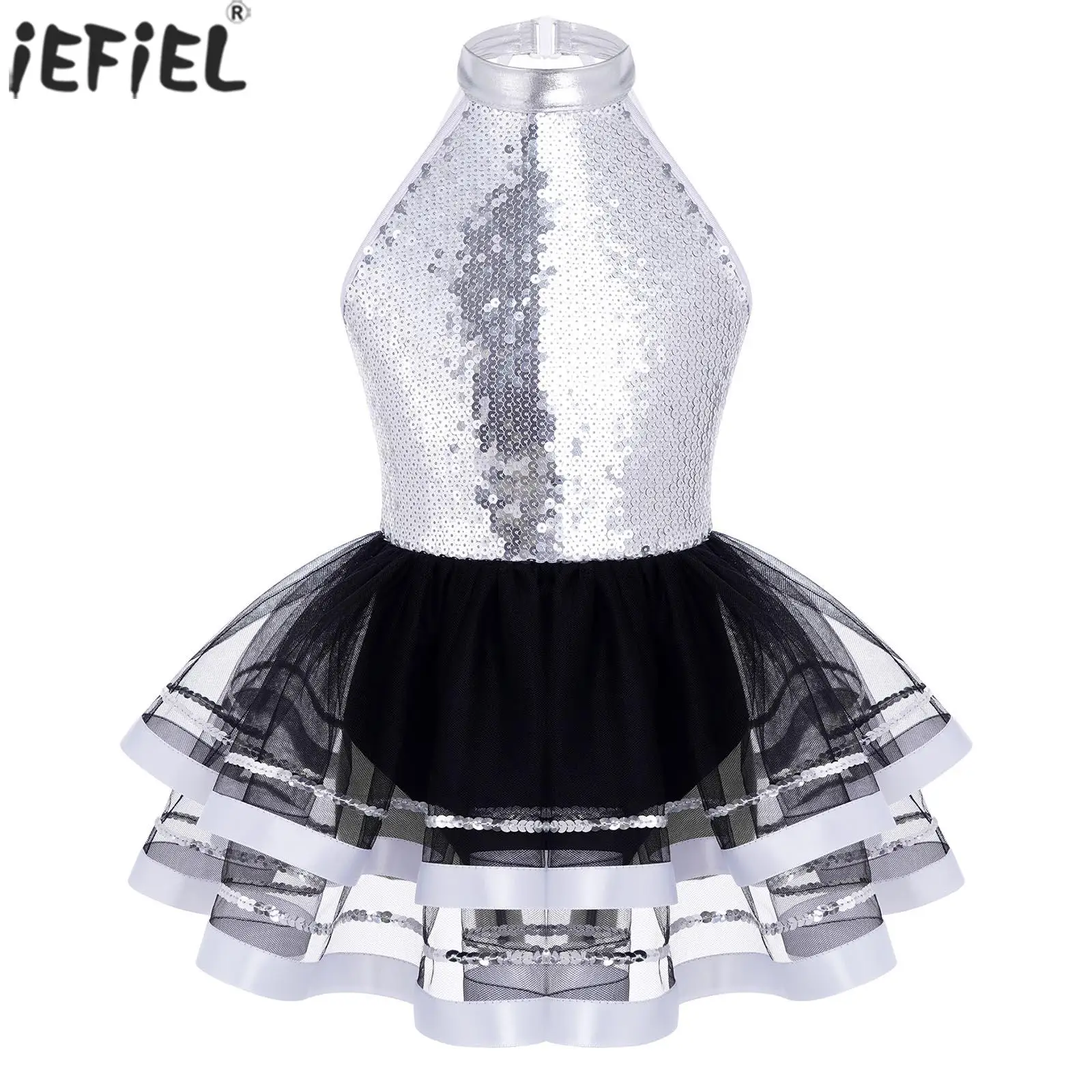 

Kids Girls Shiny Sequin Dance Dress Halter Sleeveless Patchwork Lace Dance Mini Skirt Stylish Stage Wear Performance Dance Cloth