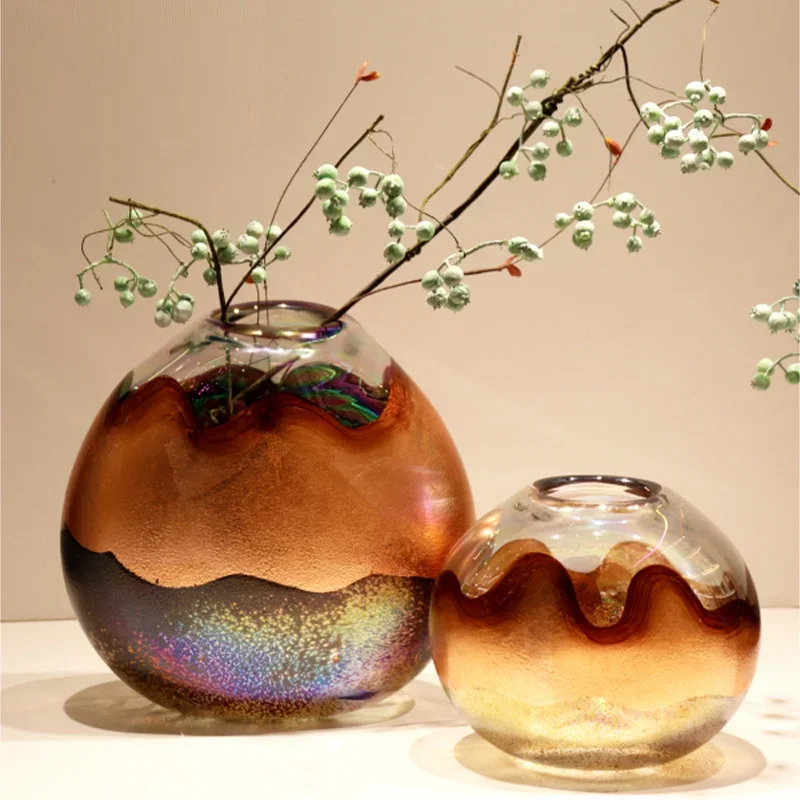 Gradient Amber Glass Vase Nordic Creative Iridescent Gold Nordic Vase For Home Art Office Dried Flower Decor Wholesale Gift Set