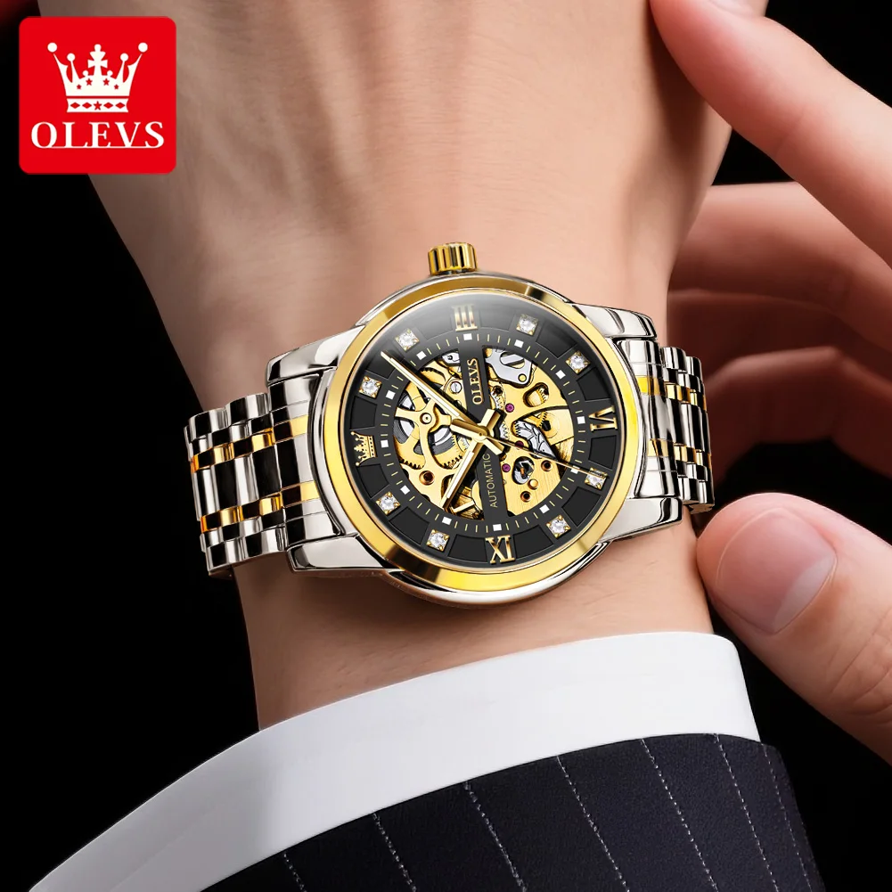 OLEVS 9901 ساعة ميكانيكية فاخرة مجوفة للرجال من الفولاذ المقاوم للصدأ مقاومة للماء ساعة مضيئة هدية شخصية للرجال ساعة أوتوماتيكية