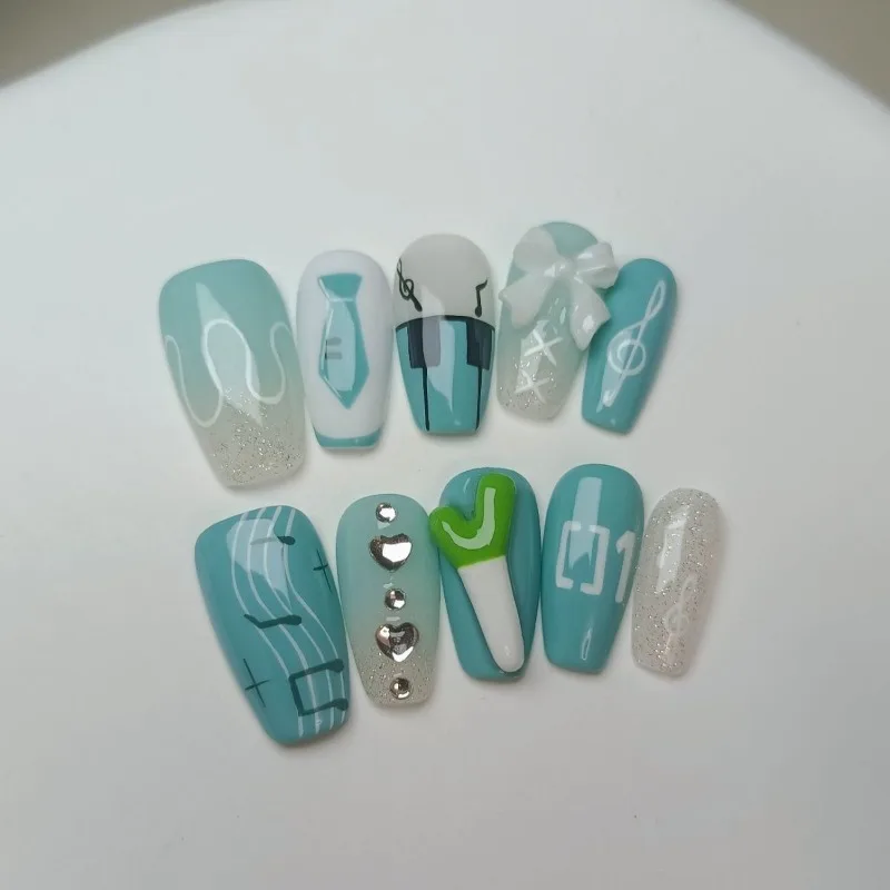 

Hand-Painted Anime Hatsune Miku Press-On Nails Cute Manicure Set Removable for Girls Gift Daily commuting gatherings Cosplay