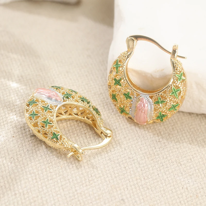 Gold Plated Hollow Virgin Mary Hoop Earrings Green Enamel Star Pattern C-shaped Ear Buckles Religious Vintage Women Fashion Jewelry